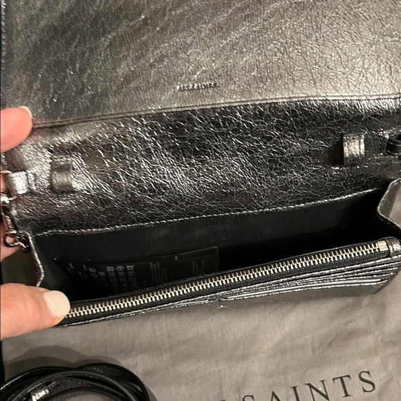 All Saints Metallic Gun Smoke Grey Cross Body Wristlet with 2 Straps - Picture 3 of 12